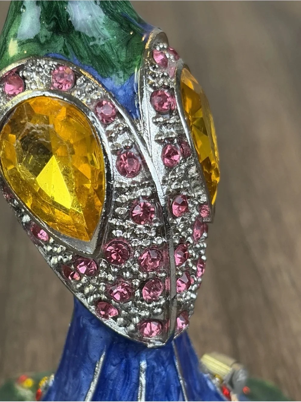 Enamel & Rhinestone Hinged Peacock Jewelry Pill Trinket Box Magnetic Metal